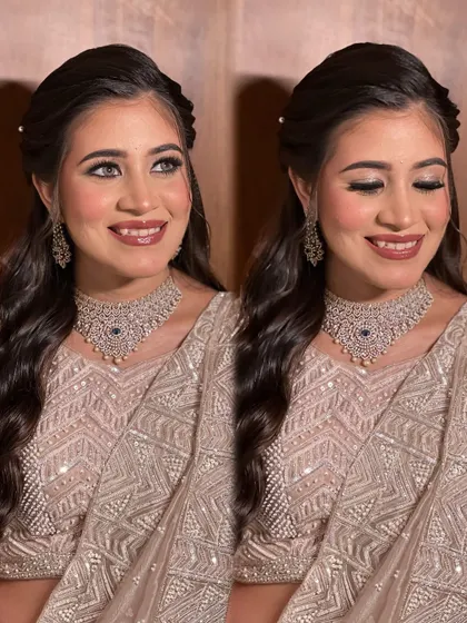 A dual-panel image showing the bride's happy expressions, her makeup looking flawless.