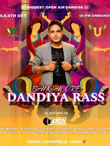 The poster for the 'Bangalore Dandiya Rass' at Whitefield Vihar, a massive open-air event with pool access and live dhol.