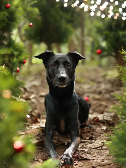 Santa Paws is in town! This handsome black dog is posing perfectly in our outdoor Christmas forest, looking straight at the camera with such a gentle expression.