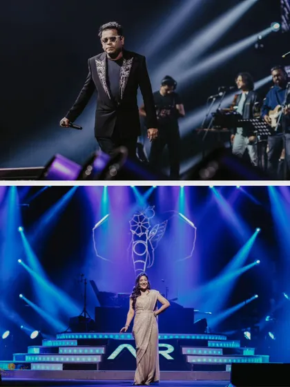 A diptych from the A.R. Rahman concert, showing the maestro on stage and a beautiful shot of the stage design and lighting.
