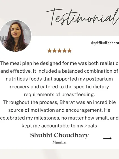The meal plan I designed for Shubhi was realistic and supported her postpartum recovery and breastfeeding needs. I celebrated every milestone with her.