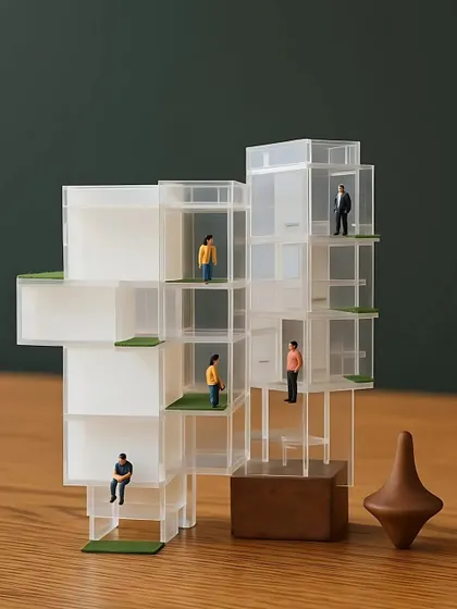 Populating a conceptual model with miniature figures to better understand how people might inhabit the proposed spaces.