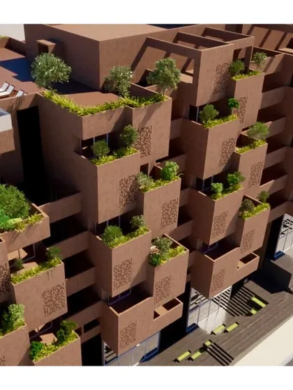 'Orchards in the Sky' is our concept for a mixed-use development where residences are stacked to create staggered, receding terraces. These spaces are designed to house fruit-bearing trees, bringing agriculture into the urban environment.
