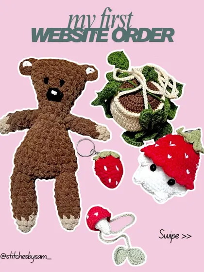 Celebrating my first website order with a showcase of all the items, including a Mr. Bean-style teddy, a turtle, a strawberry keychain, and the famous Strawberry Mushroom Boy.