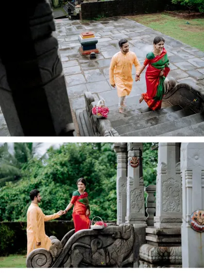 A high-angle shot of a couple walking up temple stairs, followed by a romantic pose on the stone balustrade, showcasing the grandeur of the location.
