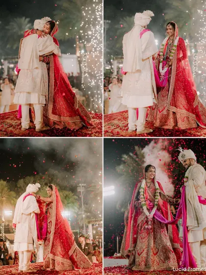 A collage capturing the drama and beauty of the Varmala ceremony, complete with fireworks and falling petals.