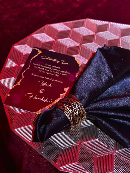 Design is in the details. For this dramatic red-themed Sangeet, every element of the tablescape, from the geometric charger plates to the custom menu cards and gold napkin rings, was intentionally chosen to tell a story of luxury.