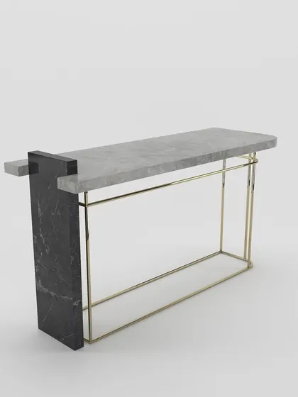 This angle shows the unique construction where the black marble slab acts as a support, creating a visually interesting and structurally sound piece.