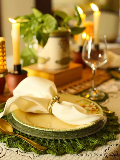 Festive tablescapes with handmade treasures, like this olive green placemat.