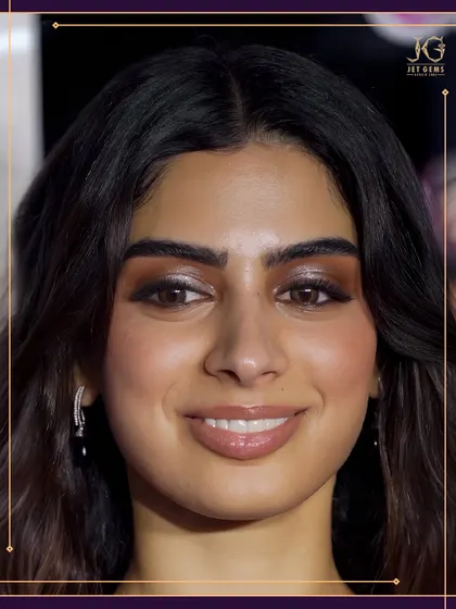 A beautiful close-up of Khushi Kapoor, highlighting our sparkling diamond drop earrings that add the perfect touch of glamour.