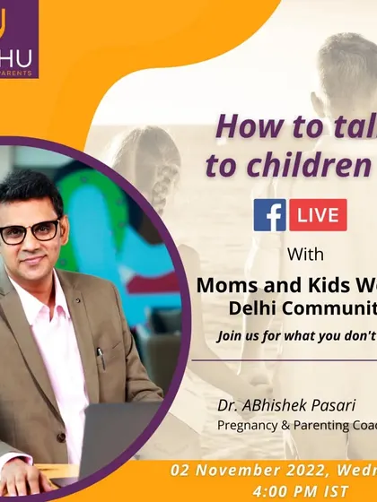 Poster for my Facebook Live event with the Moms and Kids World, Delhi Community, where we discussed "How to talk to children."