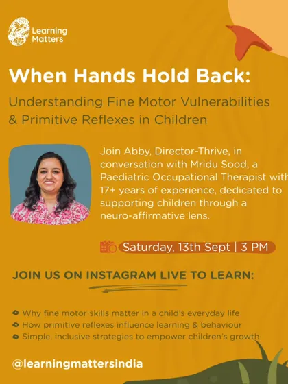 An announcement for an Instagram Live on fine motor vulnerabilities. Our conversations aim to help adults understand what is happening beneath the surface and support children with empathy instead of pressure.