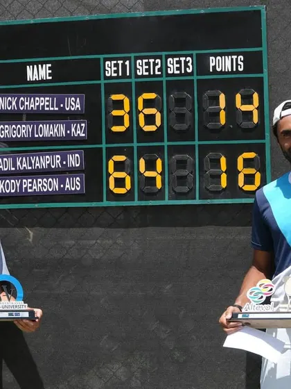 The scoreboard says it all. Adil Kalyanpur and his partner Kody Pearson after winning the ITF M25 doubles title. We are proud to be part of his journey on the pro circuit.