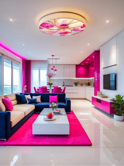 A glamorous living room design with a bold navy and magenta color scheme. The open-plan layout connects it to the kitchen, making it ideal for entertaining.