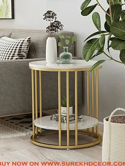 This round side table offers two tiers of white marble surfaces, providing extra storage and display space. The golden steel frame adds a touch of elegance, making it a perfect addition to any living room or bedroom.