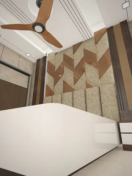 This 3D bedroom concept features a geometric headboard using a combination of wood, fabric, and mirror panels. The design plays with angles and textures to create a dynamic feature wall.