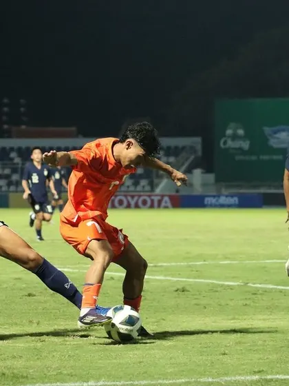 An action shot from a match, showing an Indian U17 player making a decisive tackle. This level of physicality and defensive aggression is built through dedicated strength and power training.