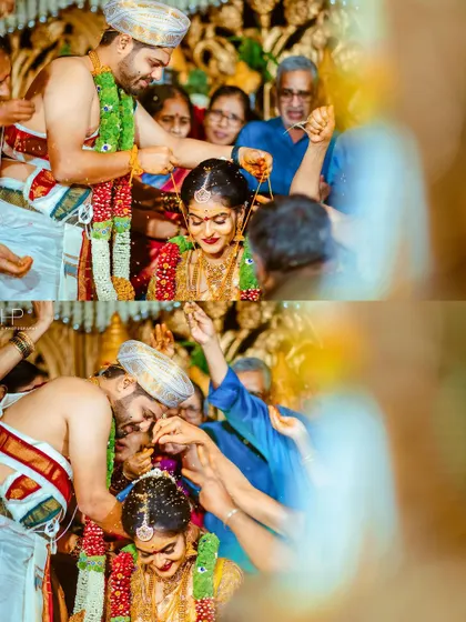 The significant moment of the groom tying the Mangalsutra, a symbol of their union.