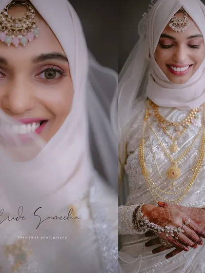 This collage captures the bride's stunning smile and the intricate details of her white wedding dress and jewelry.