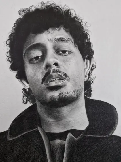 A commissioned portrait of a popular musician, showcasing my skill in capturing curly hair and intense expressions.