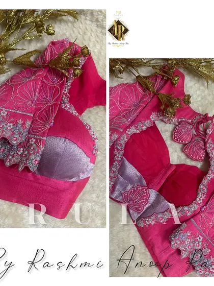 A vibrant pink blouse with unique bell sleeves. The sleeves feature threadwork embroidery with scalloped edges, and the back has a beautiful cutout design.