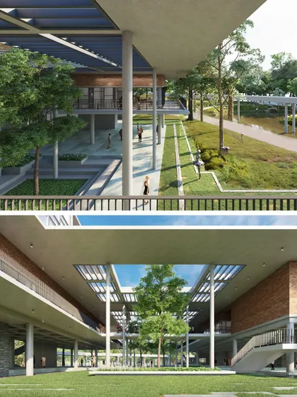 A composite image showing the interior courtyard and exterior walkways of the recreation centre. The design uses atriums and covered paths to facilitate natural ventilation and create visual connections throughout the building.