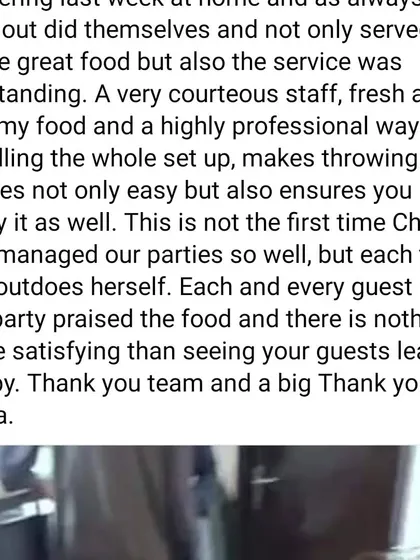 "Each and every guest at the party praised the food and there is nothing more satisfying than seeing your guests leave happy." A screenshot of a wonderful review from a client of 5 years.
