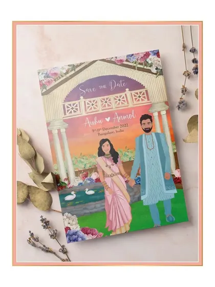 A custom illustrated save-the-date card featuring a charming caricature of the couple. The background shows a beautiful venue with swans and floral decor, giving a personal and artistic touch.