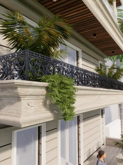 A close-up render of the balcony detail on the classical facade. This image shows the intricate cast metal railing and the carved stone support, demonstrating our attention to detail in executing traditional designs.