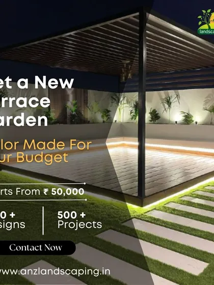 This graphic highlights a beautiful night-lit terrace garden, promoting our budget-friendly and custom design services.