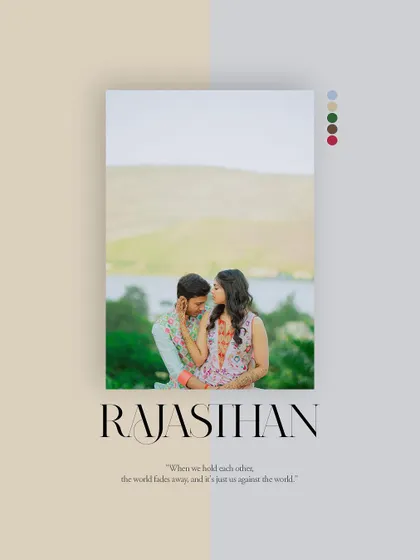 A stylized shot from a pre-wedding session in Rajasthan, blending the couple's portrait with typography and design elements to create a modern, artistic feel for their film.