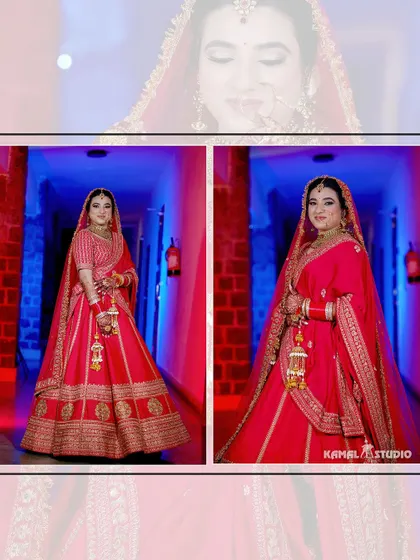 A diptych of the bride in her pink lehenga, captured in a corridor with dramatic blue and red lighting.