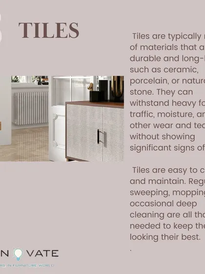 A guide to flooring options: Tiles. Made from durable materials like ceramic or porcelain, tiles are easy to clean and maintain, making them a practical choice for any home.