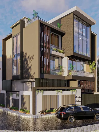 A modern residence that showcases a sophisticated material palette. The design uses expansive glass, wooden louvers for privacy, and clean concrete forms to create a home that feels both luxurious and warmly connected to its surroundings.