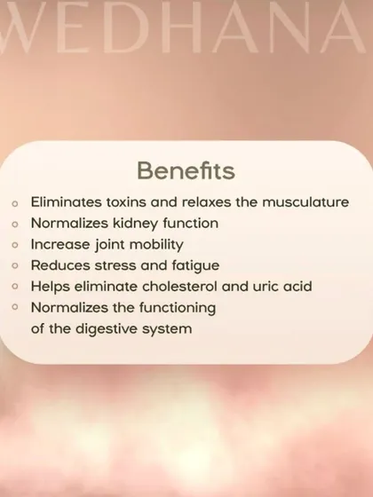 This graphic details the benefits of Swedhanam, our herbal steam bath. It eliminates toxins, reduces stress and fatigue, and helps normalize the functioning of the digestive system.