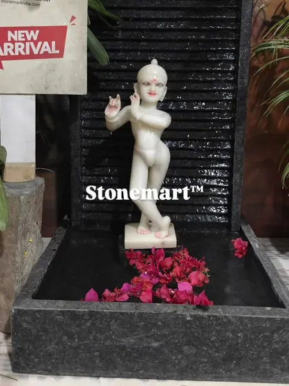 A full view of the 3-foot granite waterfall with the white marble Kanha Ji statue. It's a serene and extraordinary piece for any home.