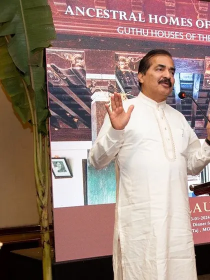 Dr. Mohan Alva, a guest of honor at our book launch, speaking about the importance of cultural preservation. His words underscored the significance of projects like ours in keeping the heritage of Tulunadu alive.