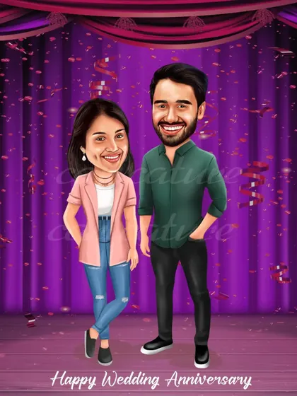 A wedding anniversary caricature with a celebratory stage background. The confetti and purple drapes add a touch of glamour and fun to the occasion.