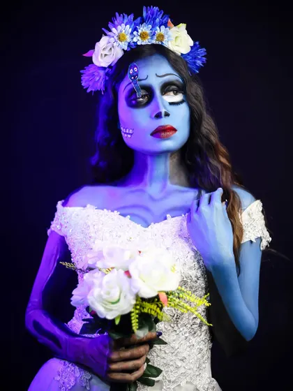 The full Corpse Bride look, complete with the wedding dress and bouquet. We emphasize storytelling and character development in our creative courses.