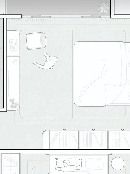 This plan focuses on the master bedroom in 'The Time Capsule'. It shows how I arrange furniture to create a serene and uncluttered environment, ensuring the room feels spacious and restful.