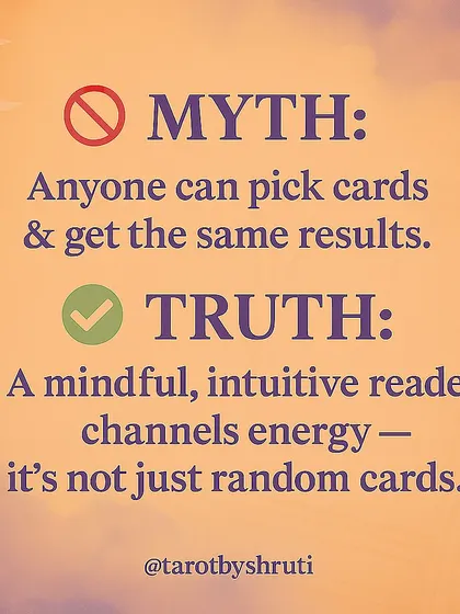 Myths vs. Truths about Tarot. This carousel debunks common misconceptions. It clarifies that Tarot is spiritual energy work, not black magic, and that it shows possible outcomes based on your current path, not a fixed future.