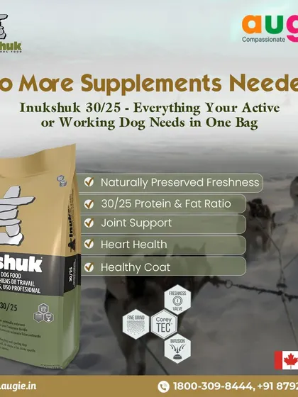 With Inukshuk 30/25, you don't need extra supplements. This single bag contains everything your active or working dog needs, from a 30/25 protein-to-fat ratio to ingredients that support joint, heart, and coat health.