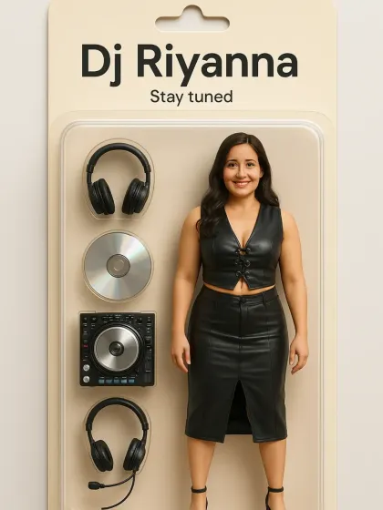 A fun and trendy edit, presenting "DJ Riyanna" as a collectible doll. This playful image includes all my essential tools: headphones, a CDJ, and a mixer.