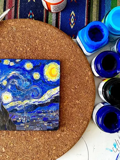 My miniature, hand-painted copy of Van Gogh's 'Starry Night' on a small square tile. It was a challenge to capture the masterpiece's many shades of blue on such a small scale.