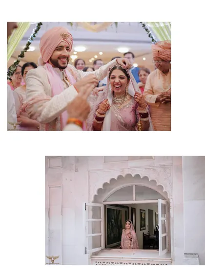 This collage captures both a candid ceremony moment and a beautiful, posed portrait of the bride looking out a window, showcasing our range in a single glance.