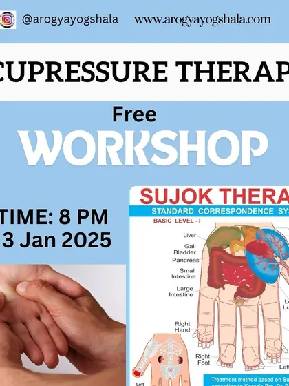 Explore the healing power of Acupressure with our workshops. This graphic announces a free workshop on Sujok Therapy, a simple yet powerful technique that corresponds to the organs of the body on the hands and feet. Join us to learn the basics of this therapy.