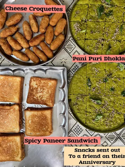 Snacks sent out for an anniversary celebration. The menu included Cheese Croquettes, Spicy Paneer Sandwiches, and my signature Pani Puri Dhokla.