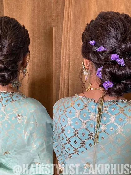 A collage showing the romantic updo from multiple angles.