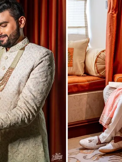 A collage showing the groom getting ready. From adjusting his cuffs to sitting with a relaxed smile, it captures the final moments of preparation.