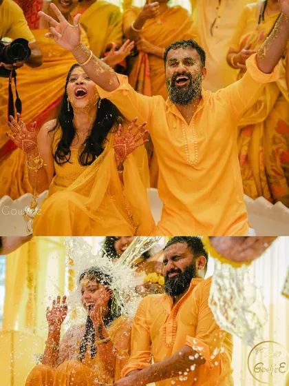 A collage capturing the couple's joyful and energetic reactions during their Haldi ceremony.